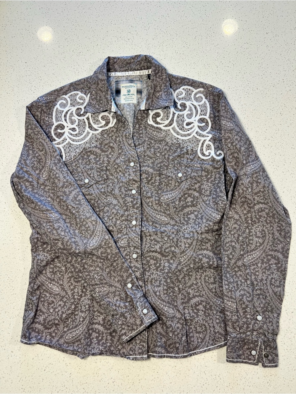Panhandle Rough Stock Lace Yoke Paisley Pearl Snap Western Shirt Medium M
